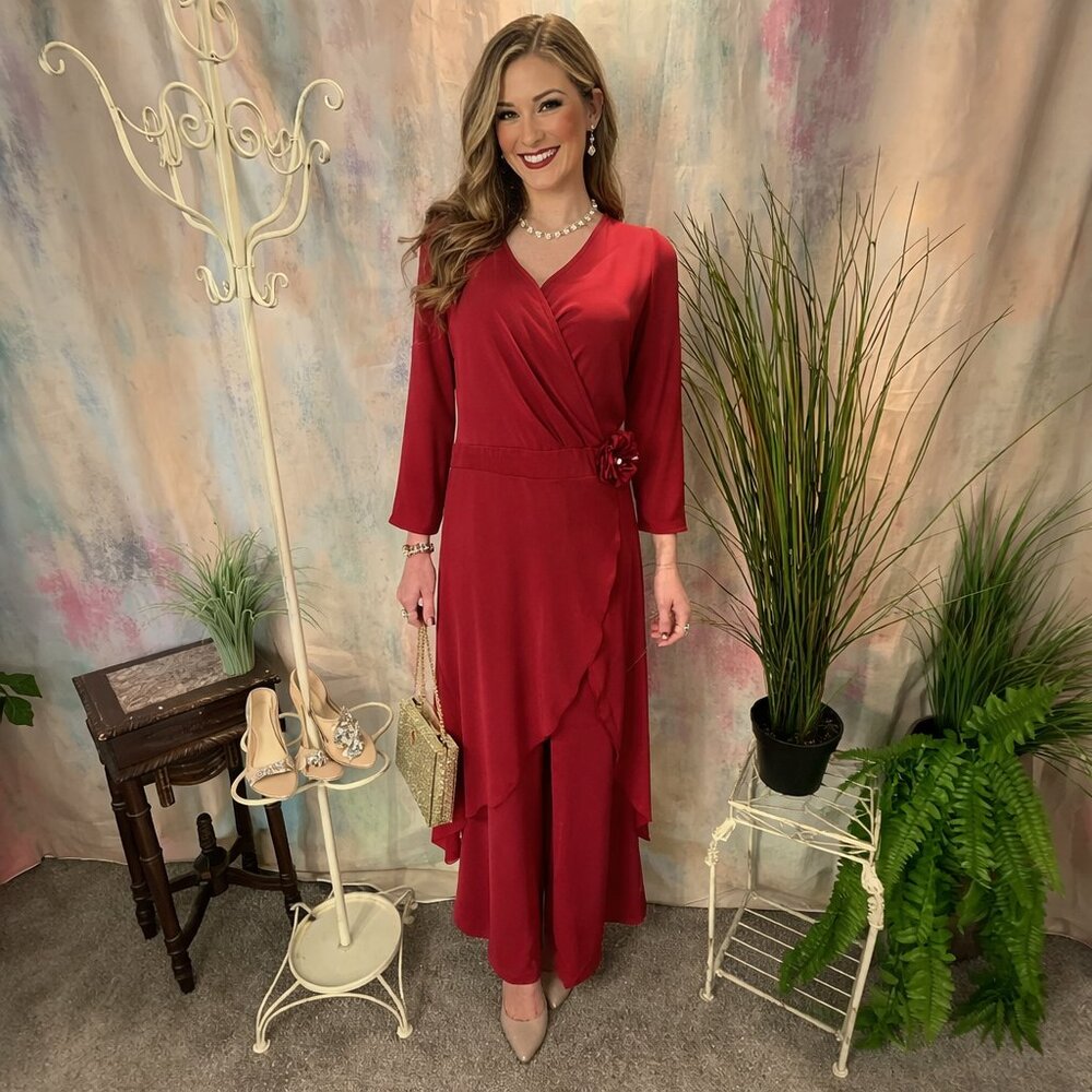 📌Rosewe  Chiffon Wine Red Formal - Prom - Evening Jumpsuit with Skirt Overlay